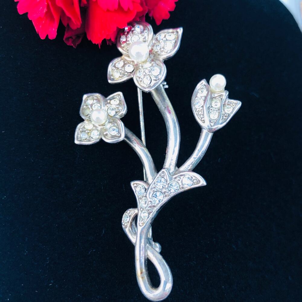 Vintage 1930s Monet Rhinestone & Faux Pearl Floral Brooch Pin